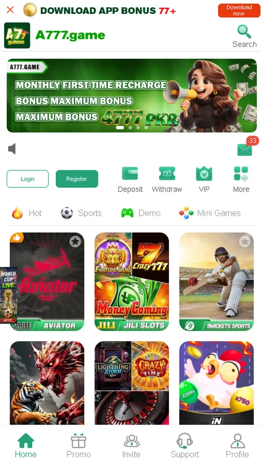 A777 apk home lobby with promo banner, game categories and hot games grid