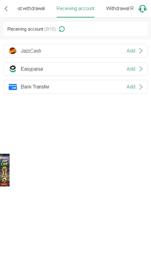 A777 app withdrawal screen with JazzCash, Easypaisa and bank transfer accounts