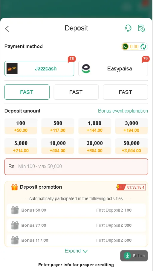 A777 app deposit screen showing JazzCash and Easypaisa bonus tiers