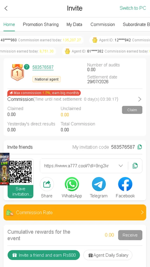 A777 game apk invite and referral screen with commission rewards