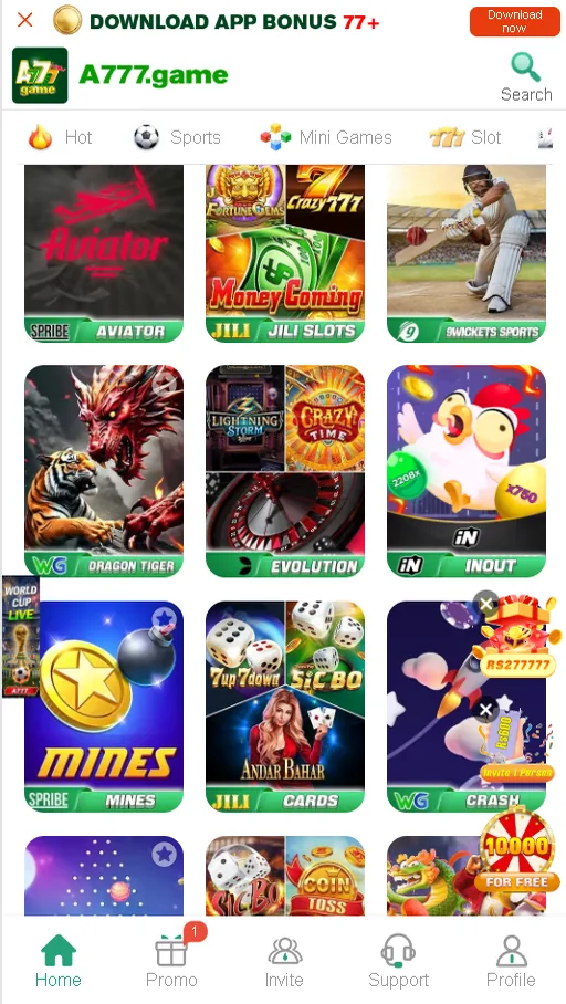A777 latest apk games lobby with Aviator, JILI slots, Mines and Crash